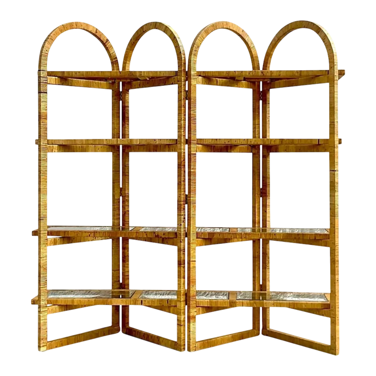 Vintage Coastal Arched Folding Rattan Etagere