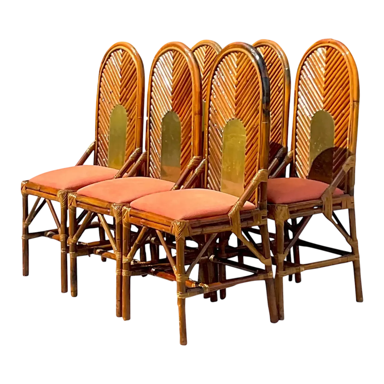 Vintage Coastal Arched Rattan and Brass Dining Chairs After Vivai Del Sud - Set