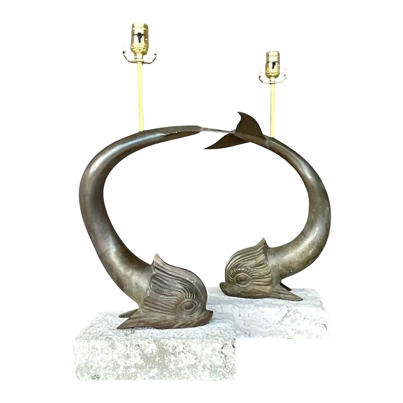 Vintage Coastal Bronze Koi Fish on Coquina Slab Lamps - a Pair
