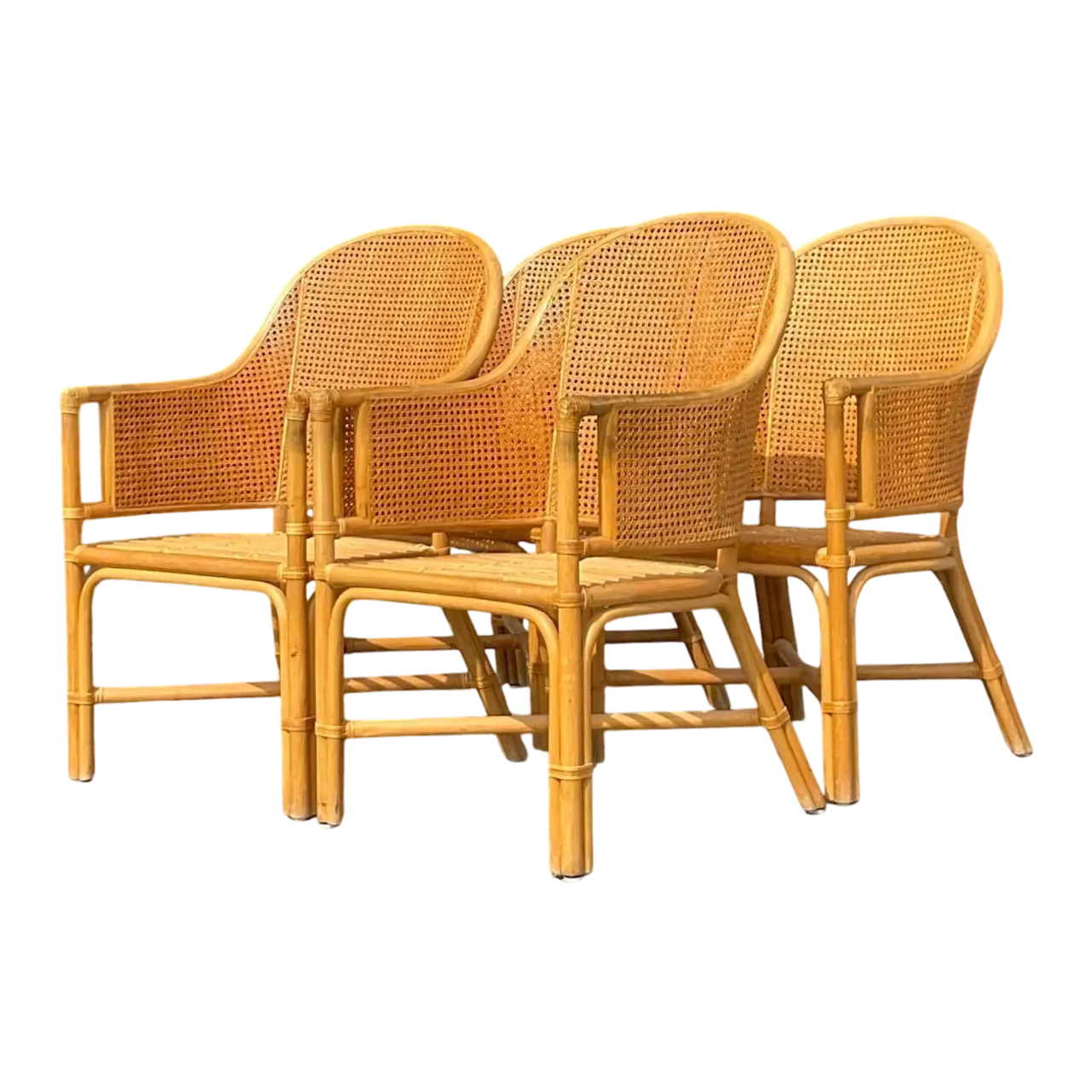 Vintage Coastal Cane Rattan Dining Chairs After McGuire - Set of 4