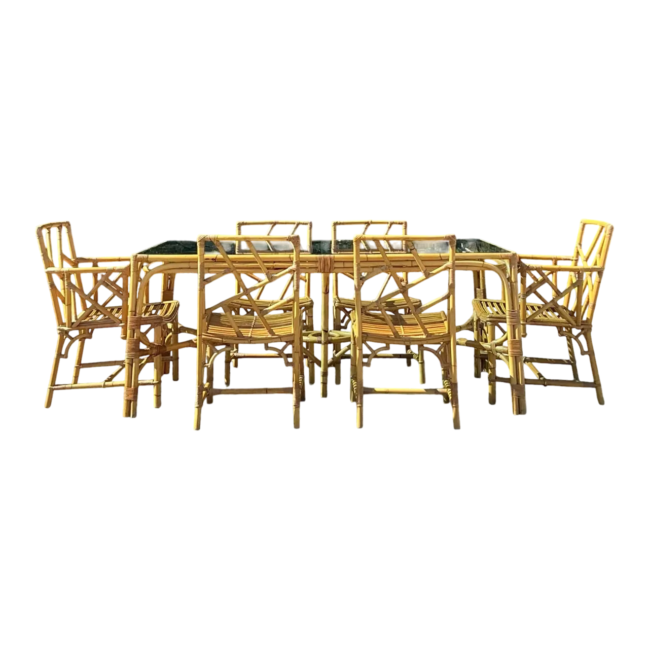 Vintage Coastal Chinese Chippendale Rattan Dining Set of 7
