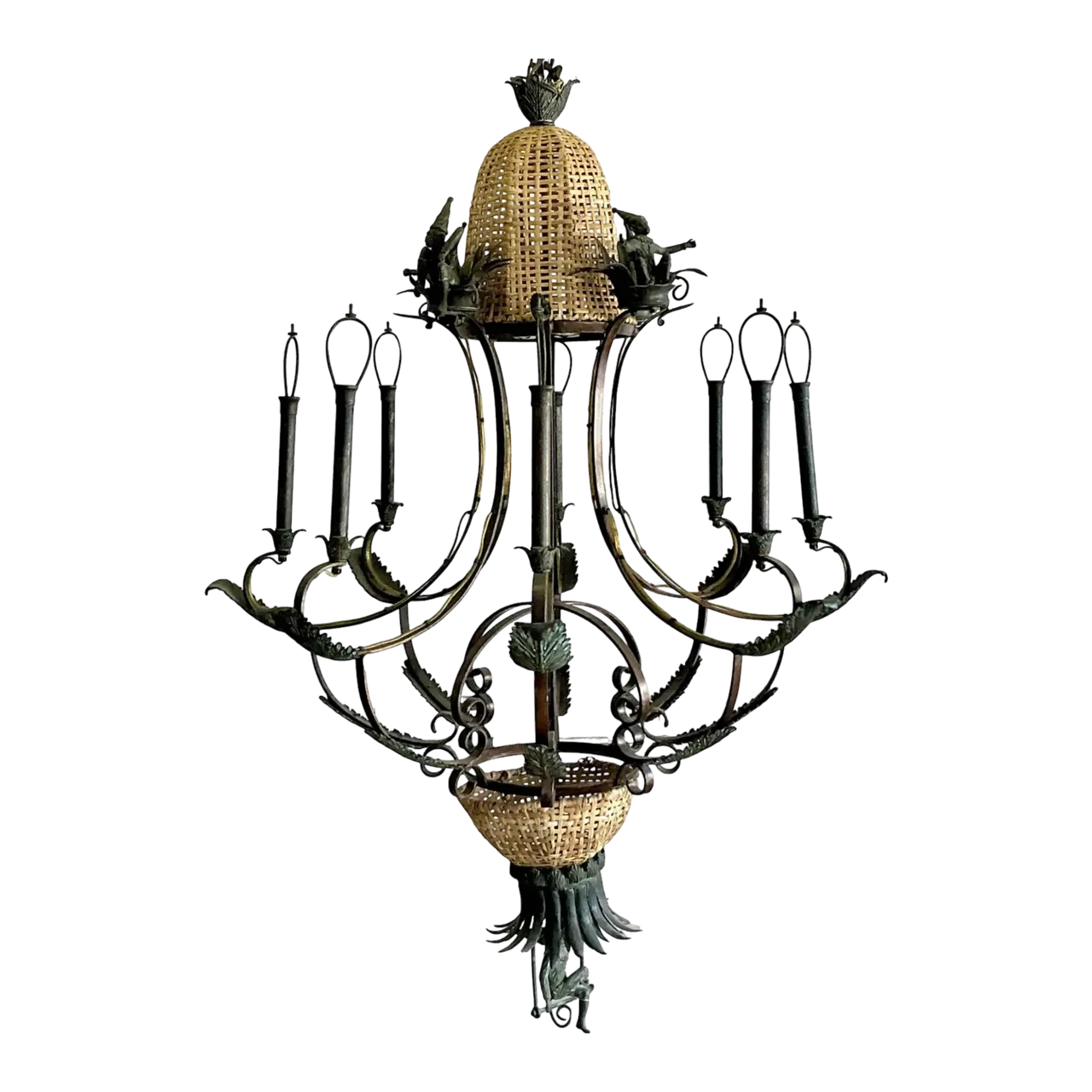 Vintage Coastal Maitland Smith Patinated Monkey Chandelier