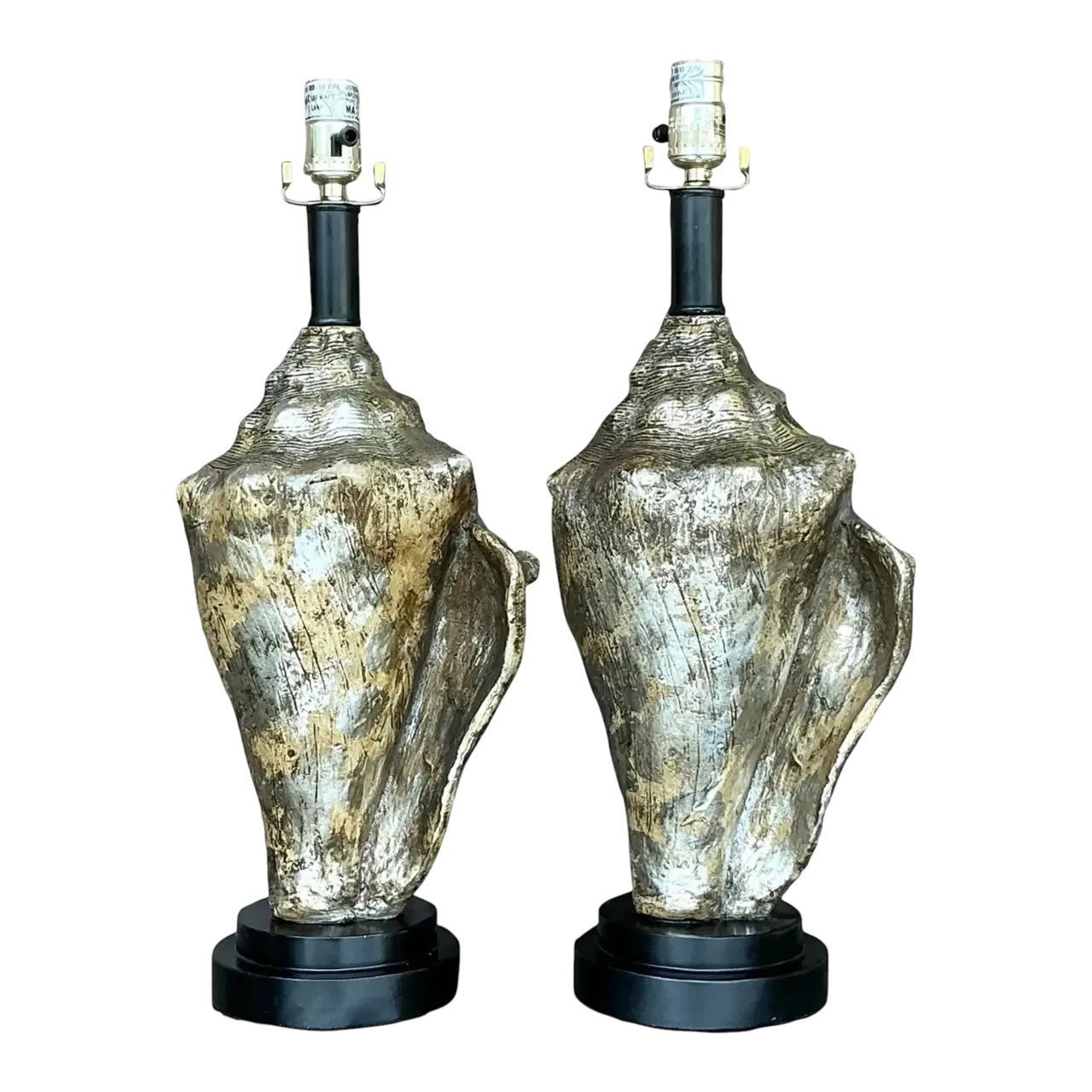 Vintage Coastal Metallic Conch Shell Lamps - a Pair