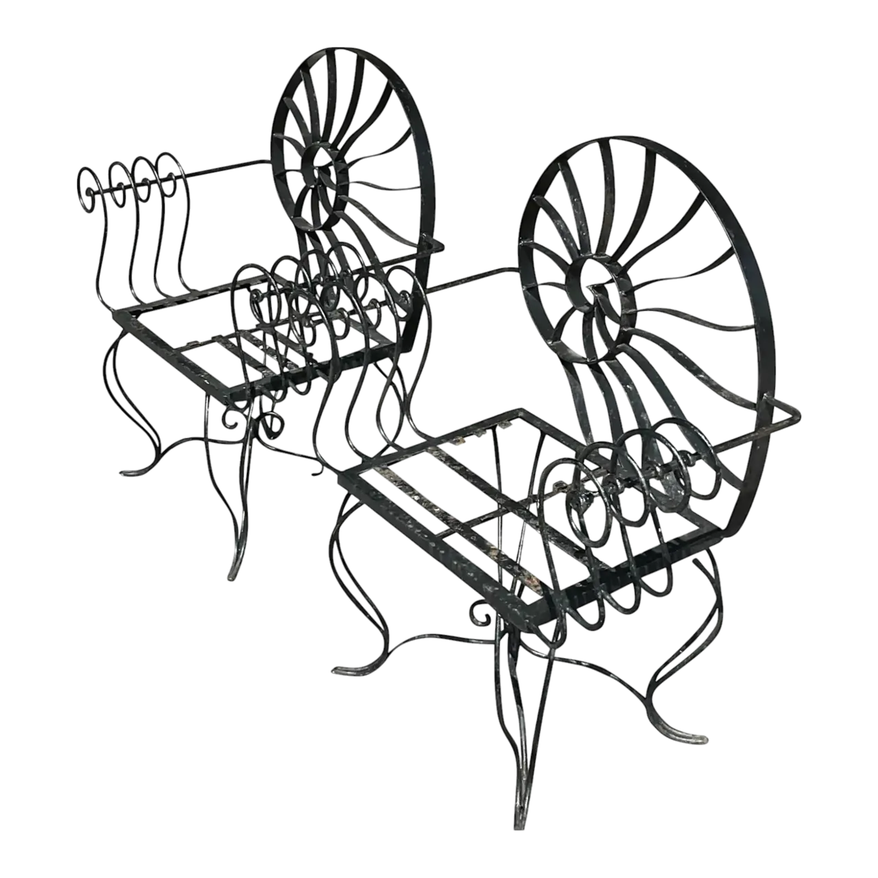 Vintage Coastal Nautilus Shell Wrought Iron Lounge Chairs - a Pair