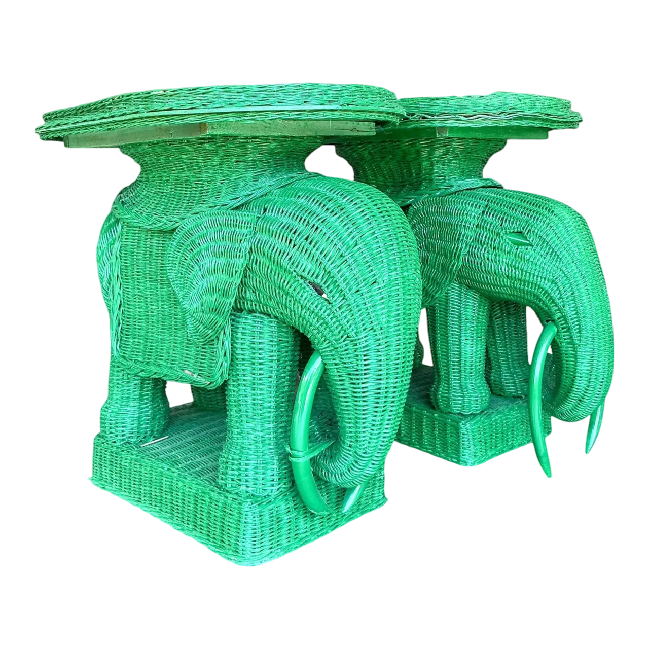 Vintage Coastal Woven Rattan Elephant Side Tables - A Pair