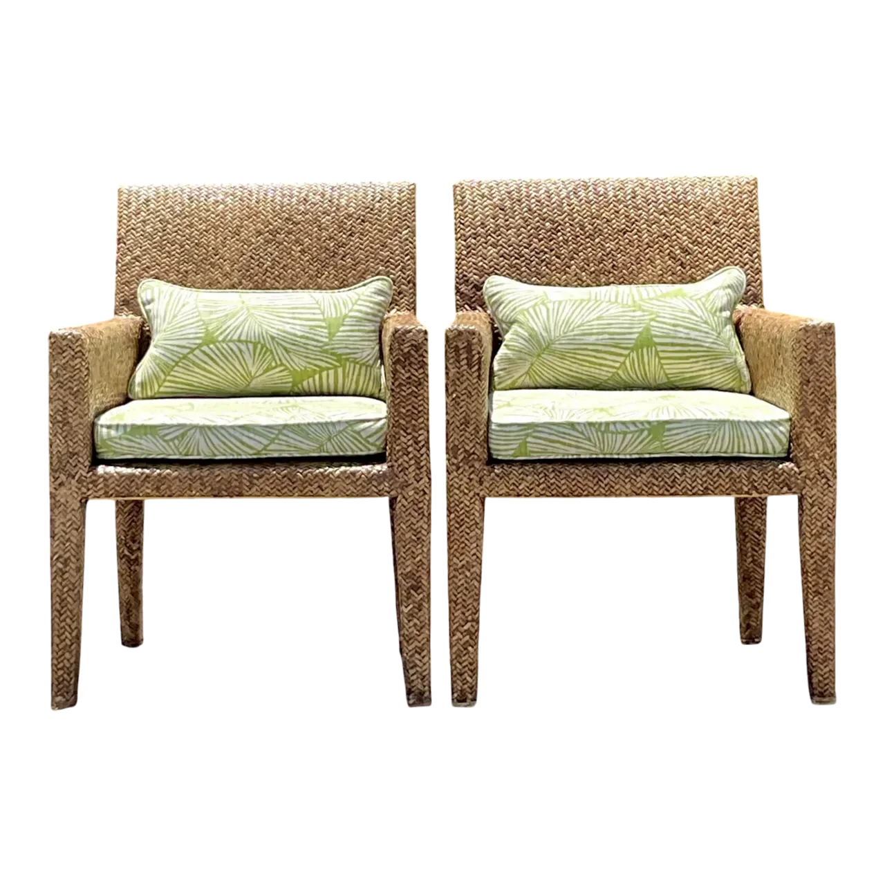 Vintage Coastal Woven Rattan Lounge Chairs - a Pair