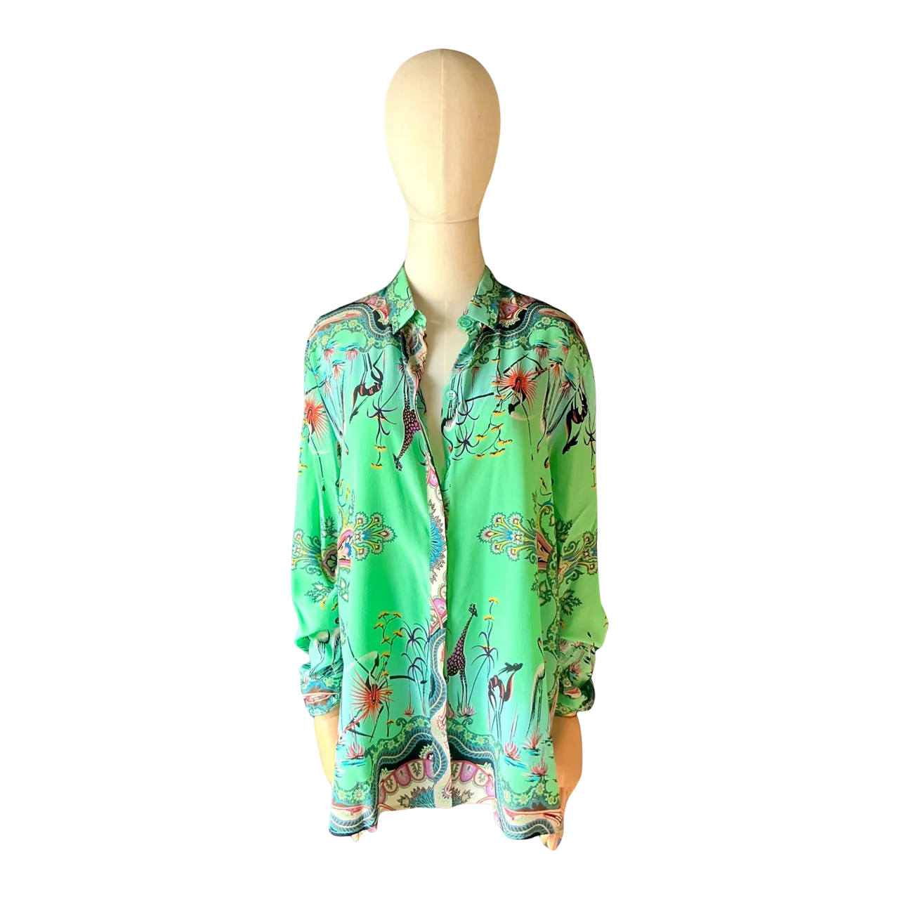 Vintage Etro Green Bird Silk Blouse