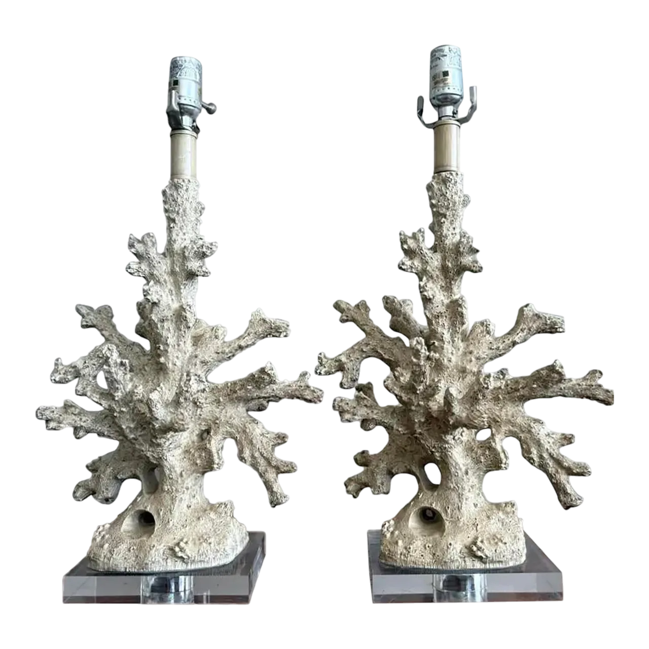 Vintage Faux Coral Branch Lamps on Lucite Base - a Pair