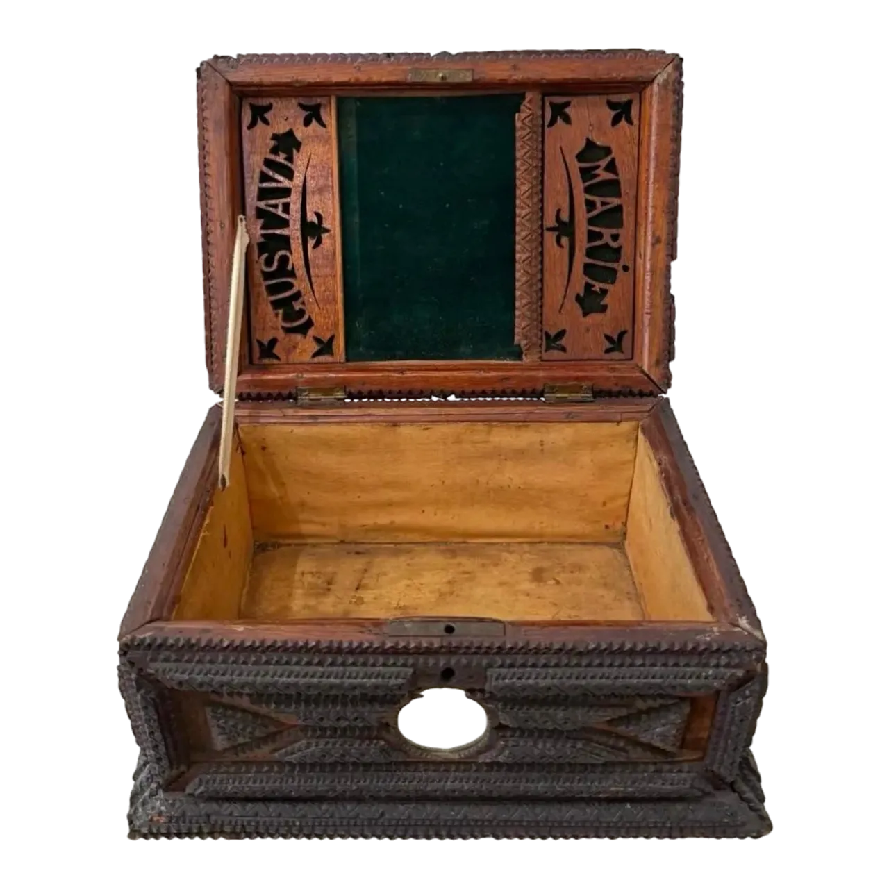 Vintage Folk Art Tramp Art Box With Mirror Detail