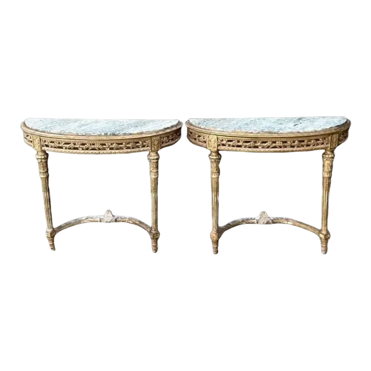 Vintage French Giltwood Marble Top Demilune Console Tables - A Pair