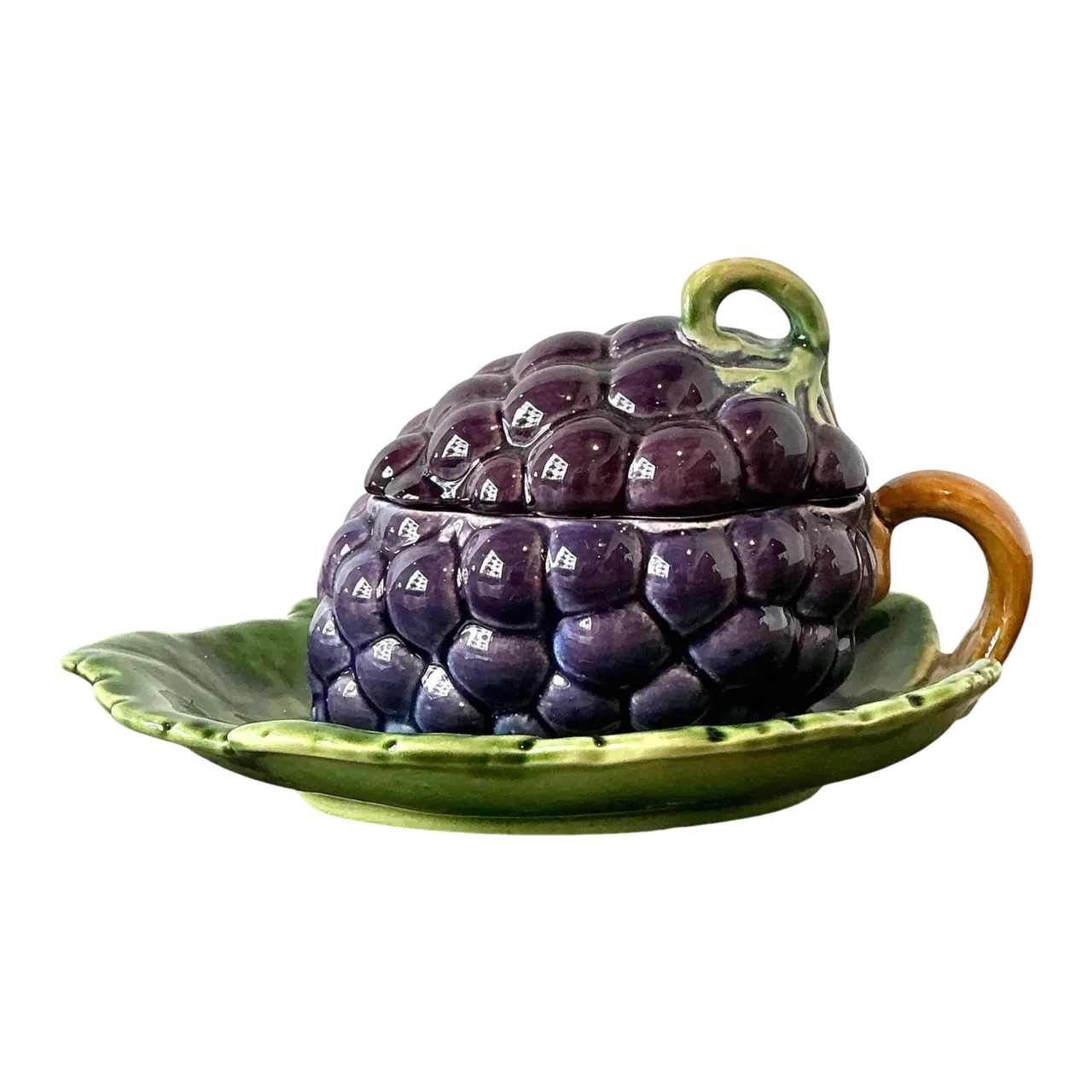 Vintage French Sarreguemines Glazed Ceramic Lidded Bowl