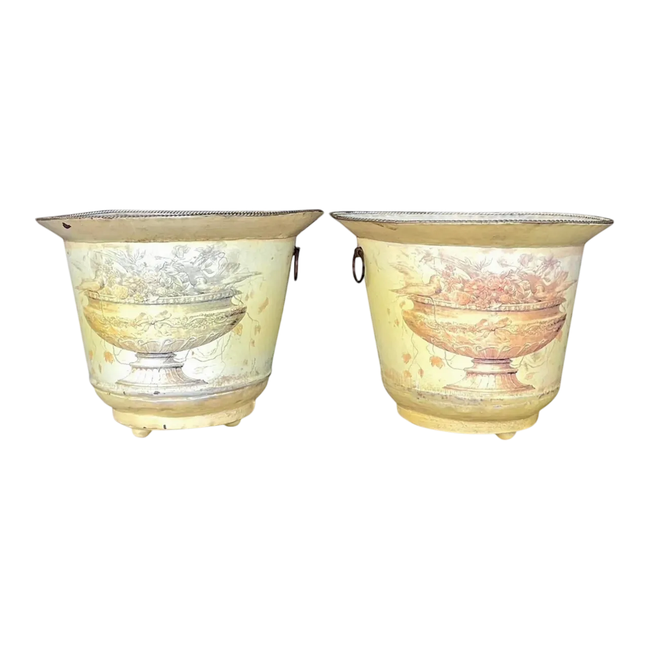 Vintage French Toile Metal Cache Pots - a Pair