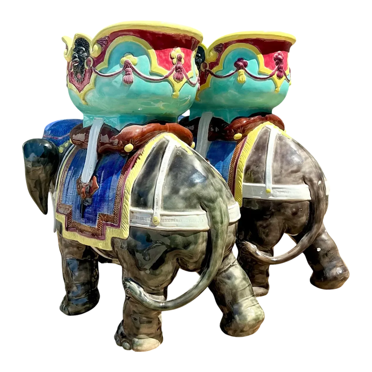 Vintage Glazed Ceramic Polychromed Elephants - A Pair