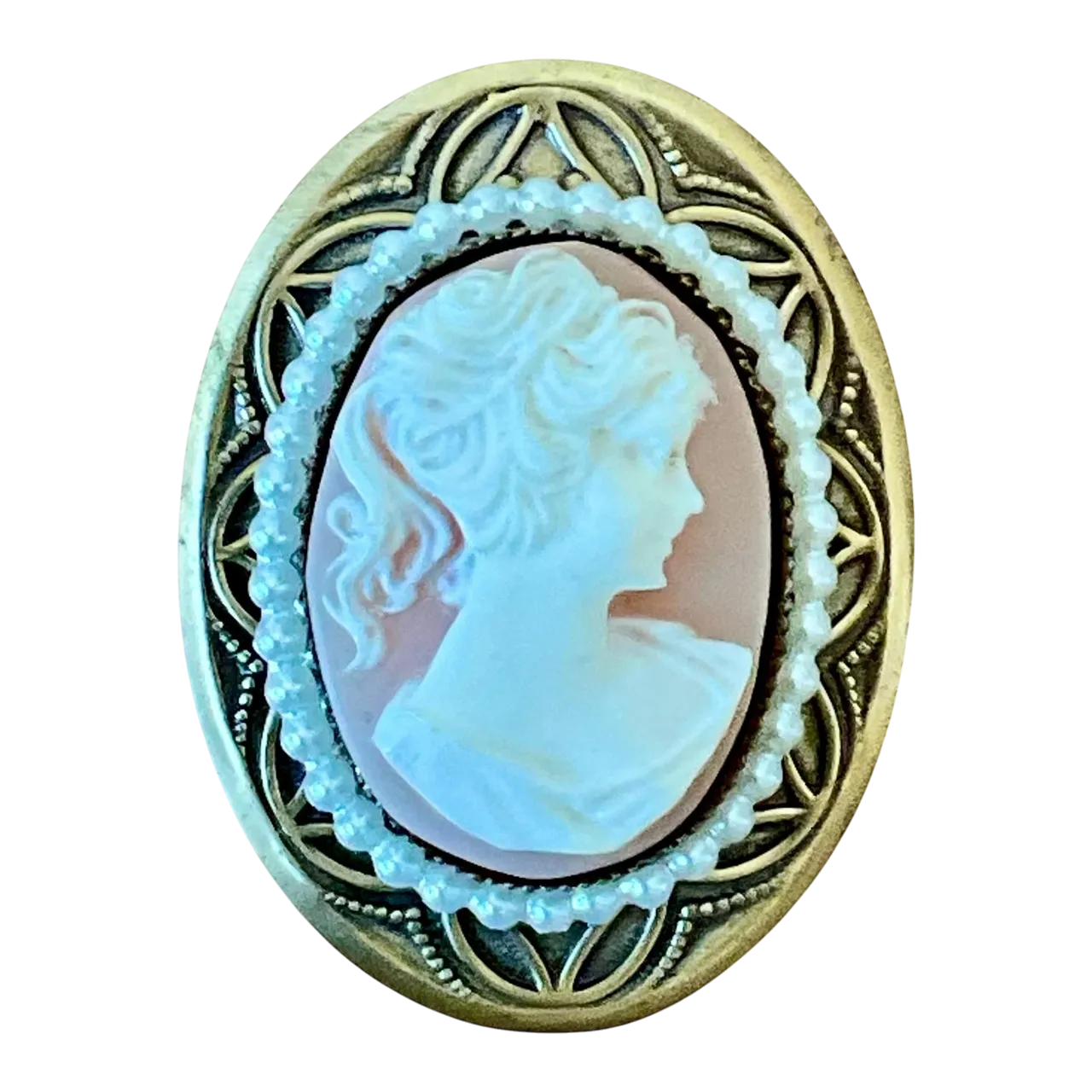 Vintage Gold Tone Cameo Pendant Brooch with Faux Pearl Border