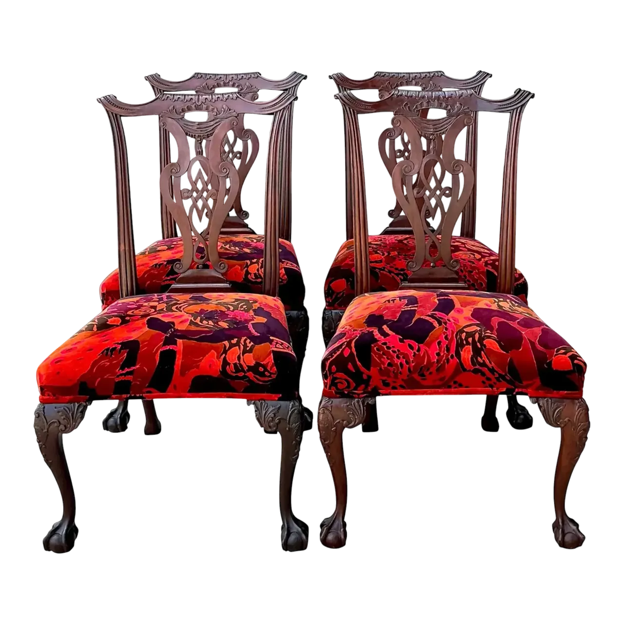 Vintage Hand Carved Chippendale Dining Chairs in 80s Yves St Laurent Printed Velvet - Set of 4