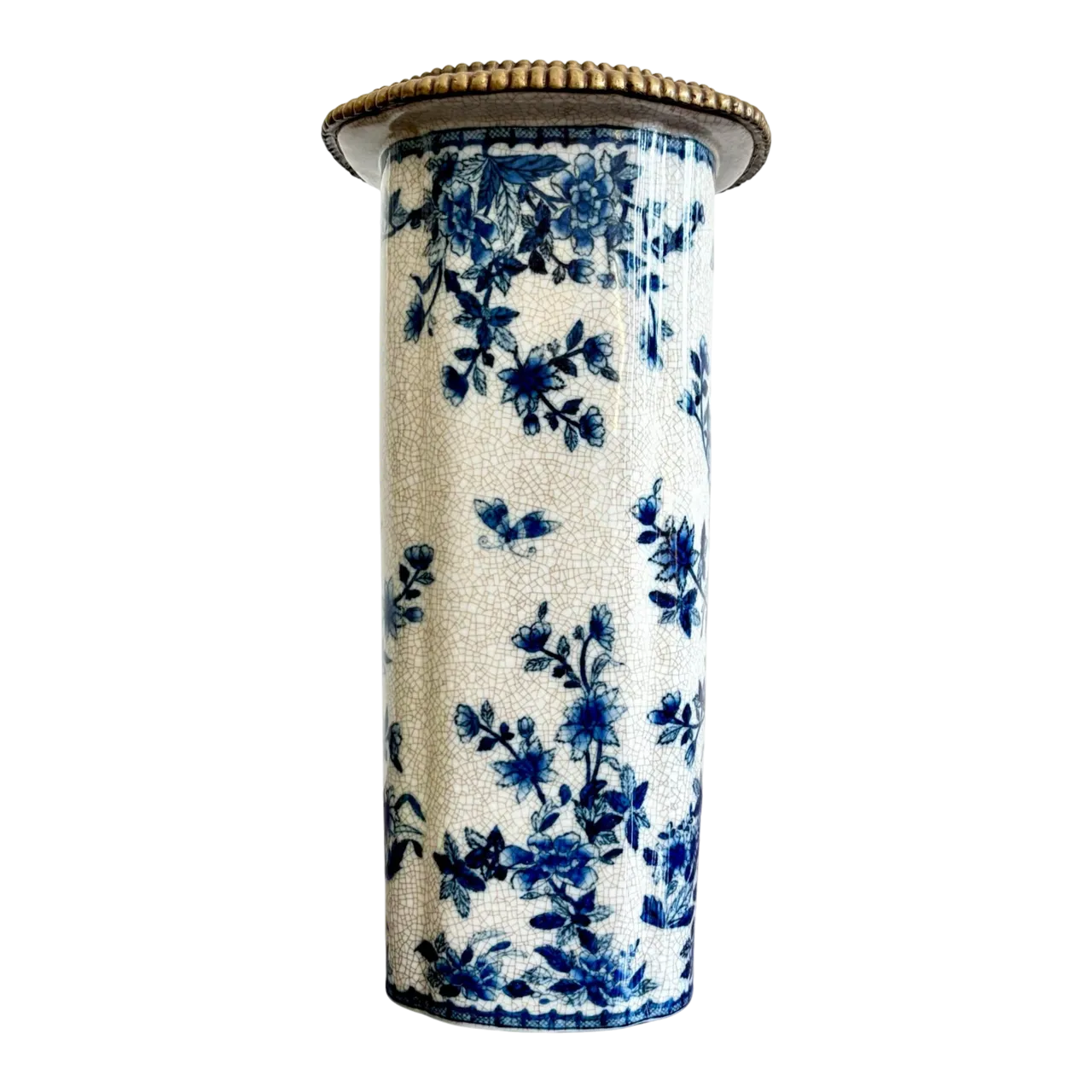 Vintage Hand Painted Blue and White Vase With Burnished Brass Detailing