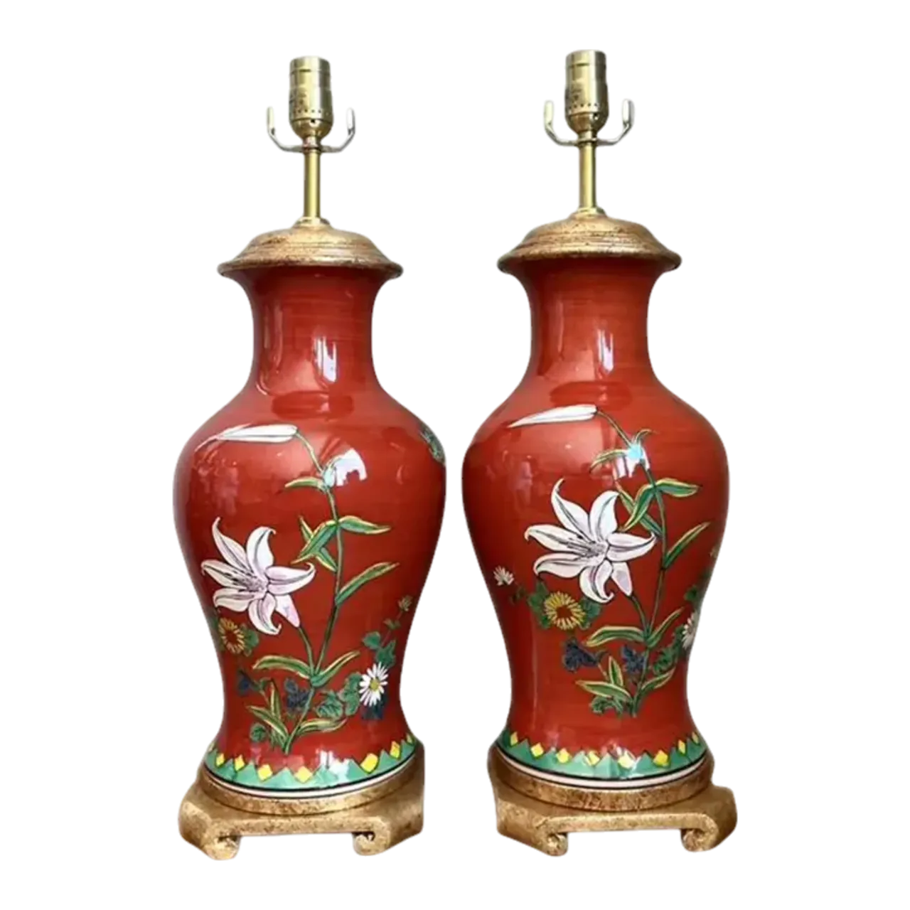 Vintage Hand Painted Glazed Ceramic Lamps - A Pair
