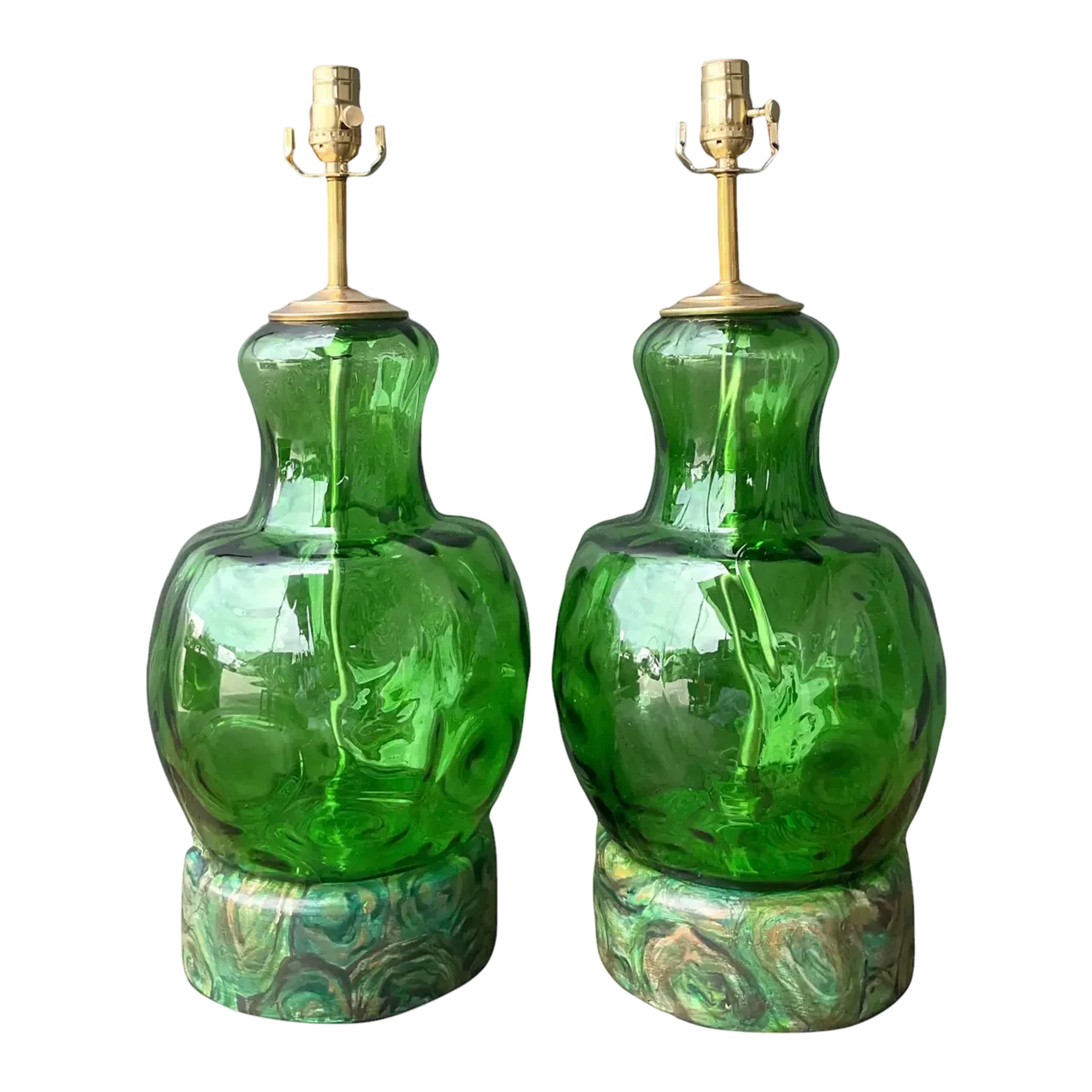 Vintage Hand Painted Malachite Plinth Glass Lamps - A Pair