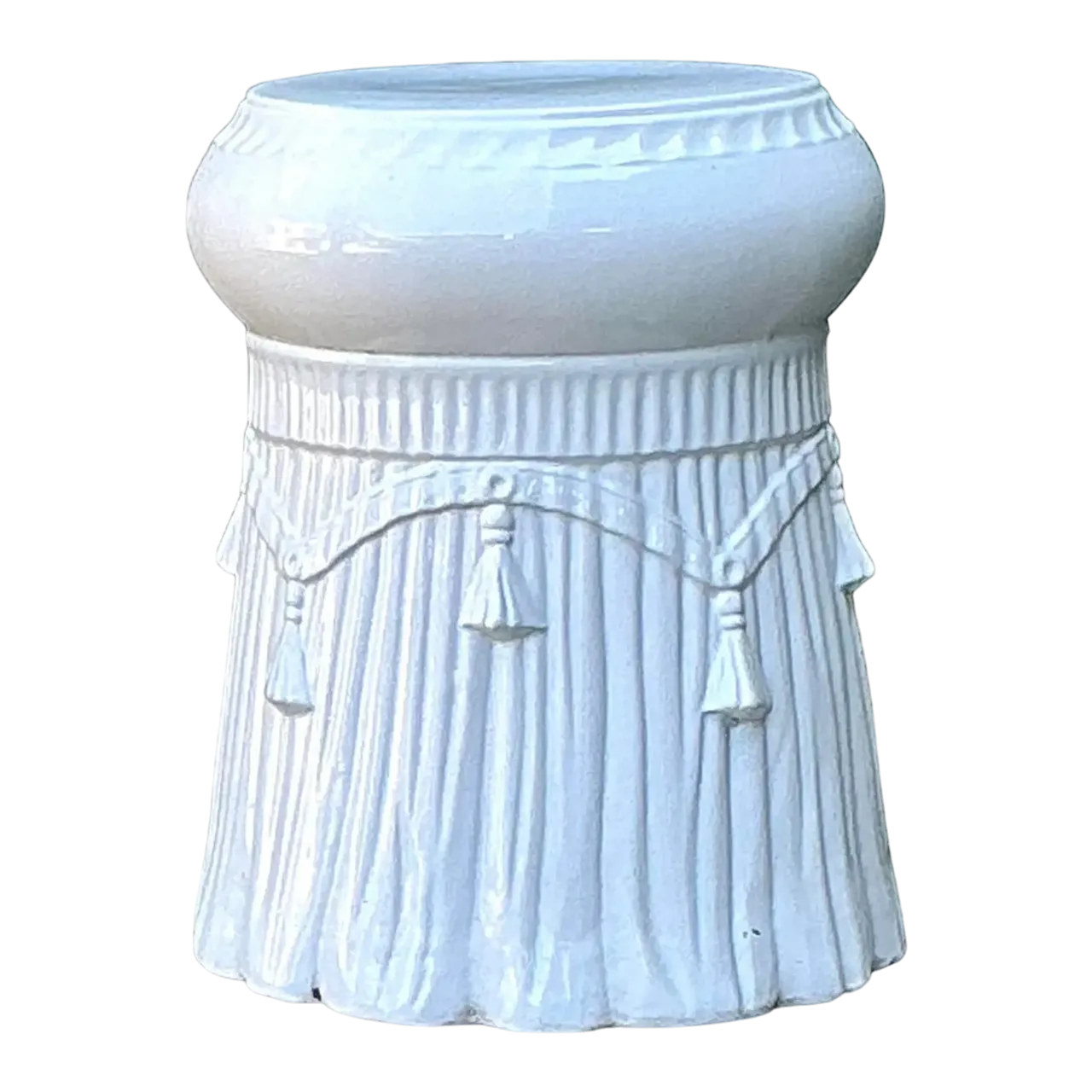 Vintage Italian Rope and Tassel Glazed Ceramic Low Stool