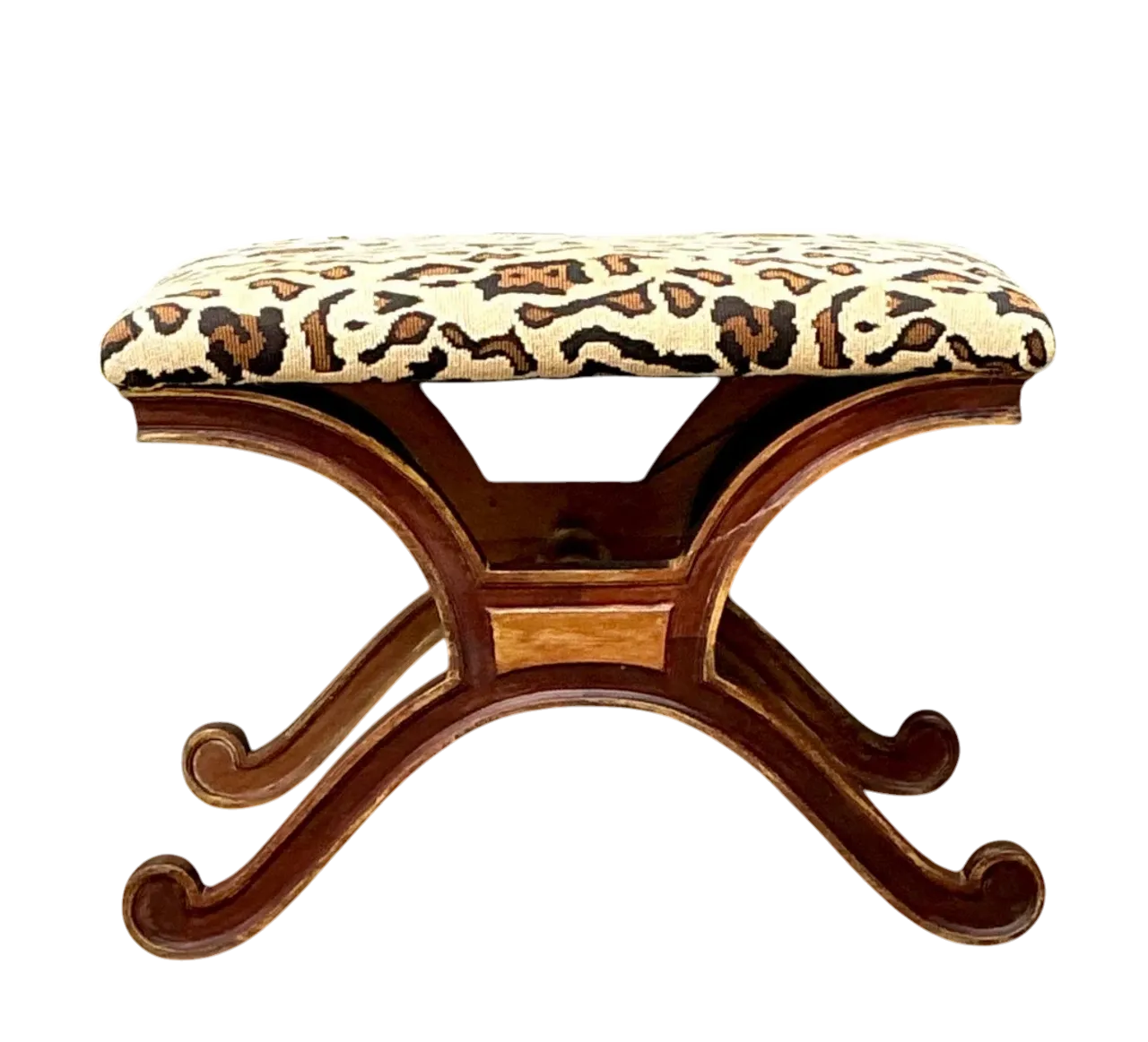 Vintage Leopard Print Upholstered Curule Bench