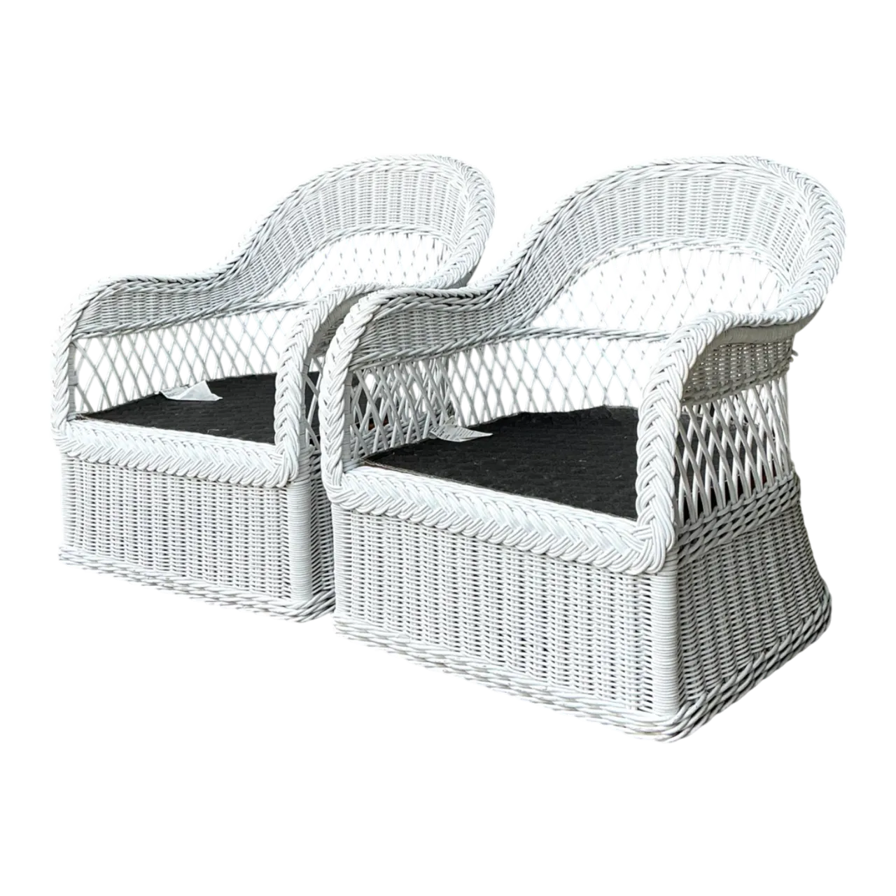 Vintage Lexington Braided White Rattan Lounge Chairs - A Pair