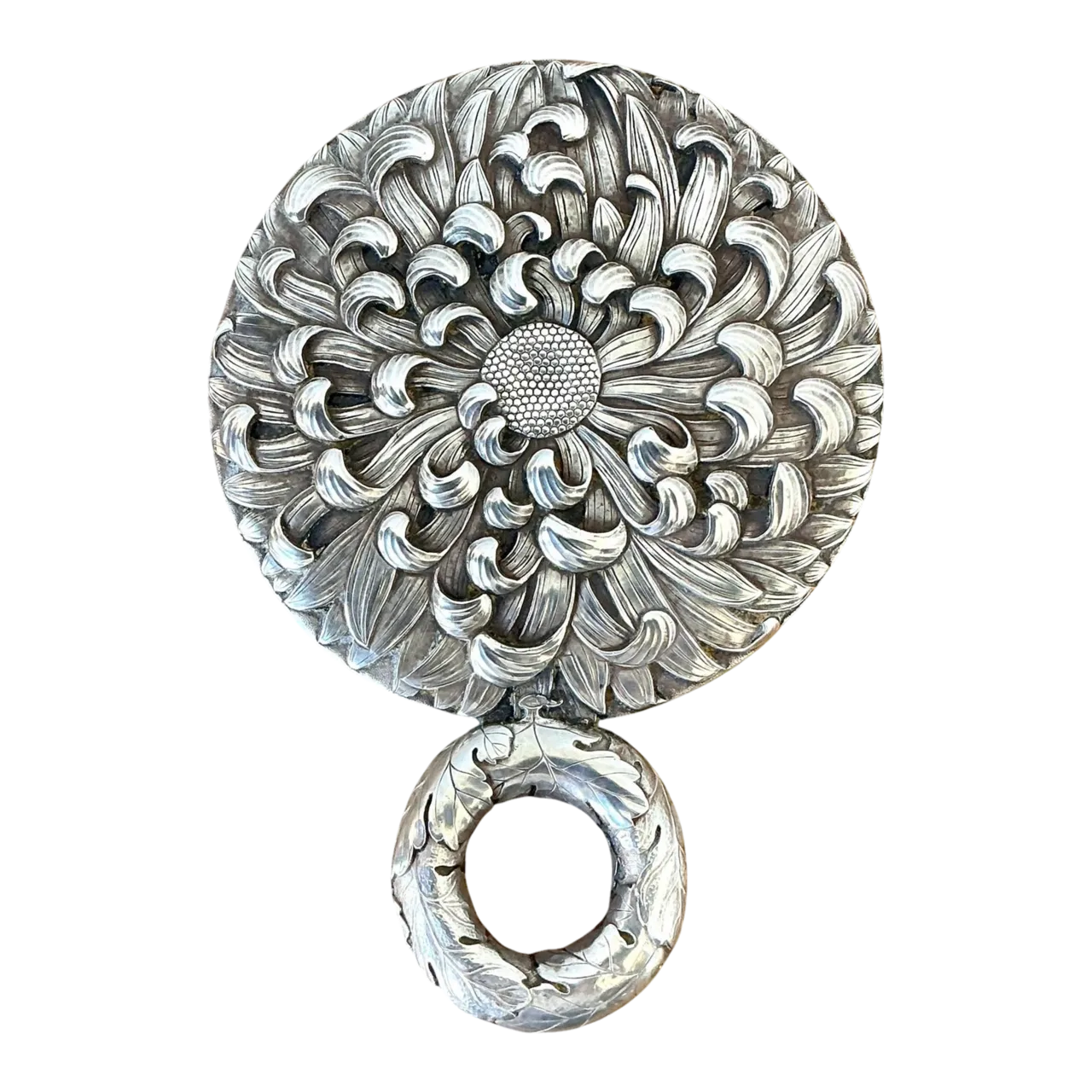 Vintage Meiji Period Steeling Silver Flower Hand Mirror