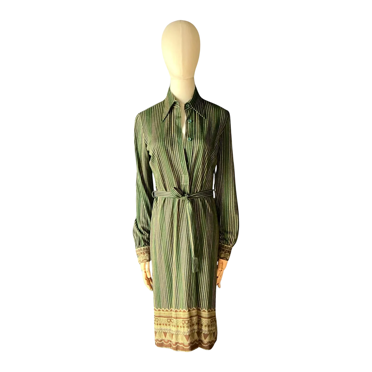 Vintage Miss O Green Striped Dress with Belt