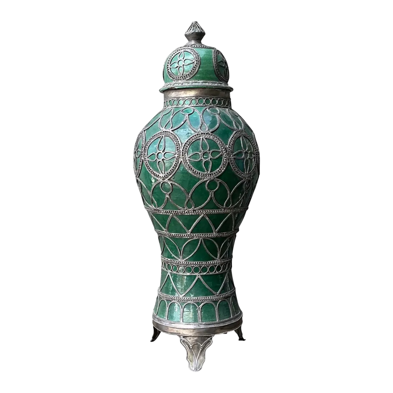 Vintage Moroccan Glazed Ceramic Lidded Urn - Ceramic, 12W x 31H