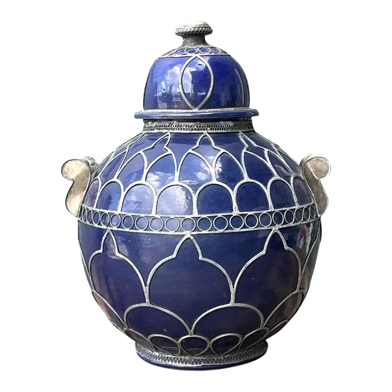 Vintage Moroccan Glazed Ceramic Lidded Urn
