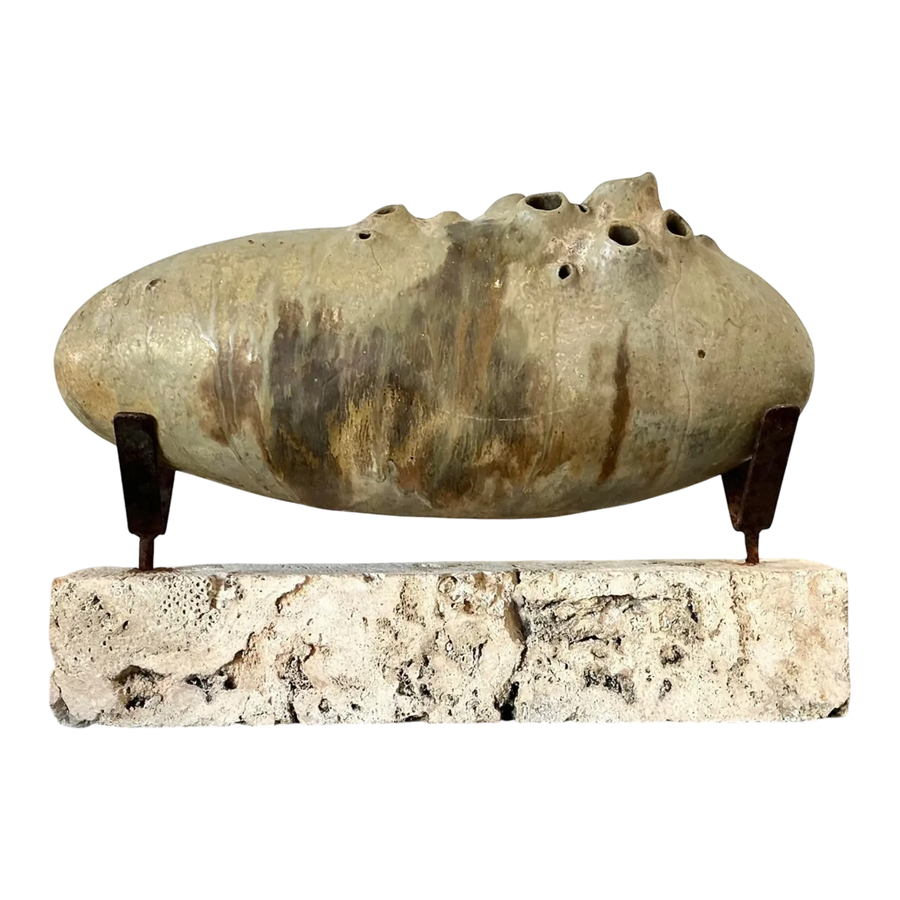 Vintage Original Abstract Studio Pottery Sculpture on Coquina Block Plinth