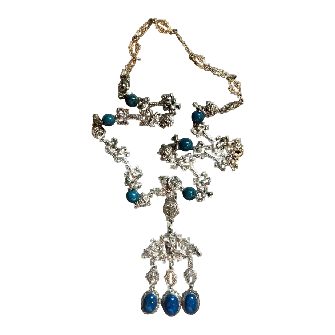Vintage Ornate Silver Necklace with Blue Stones