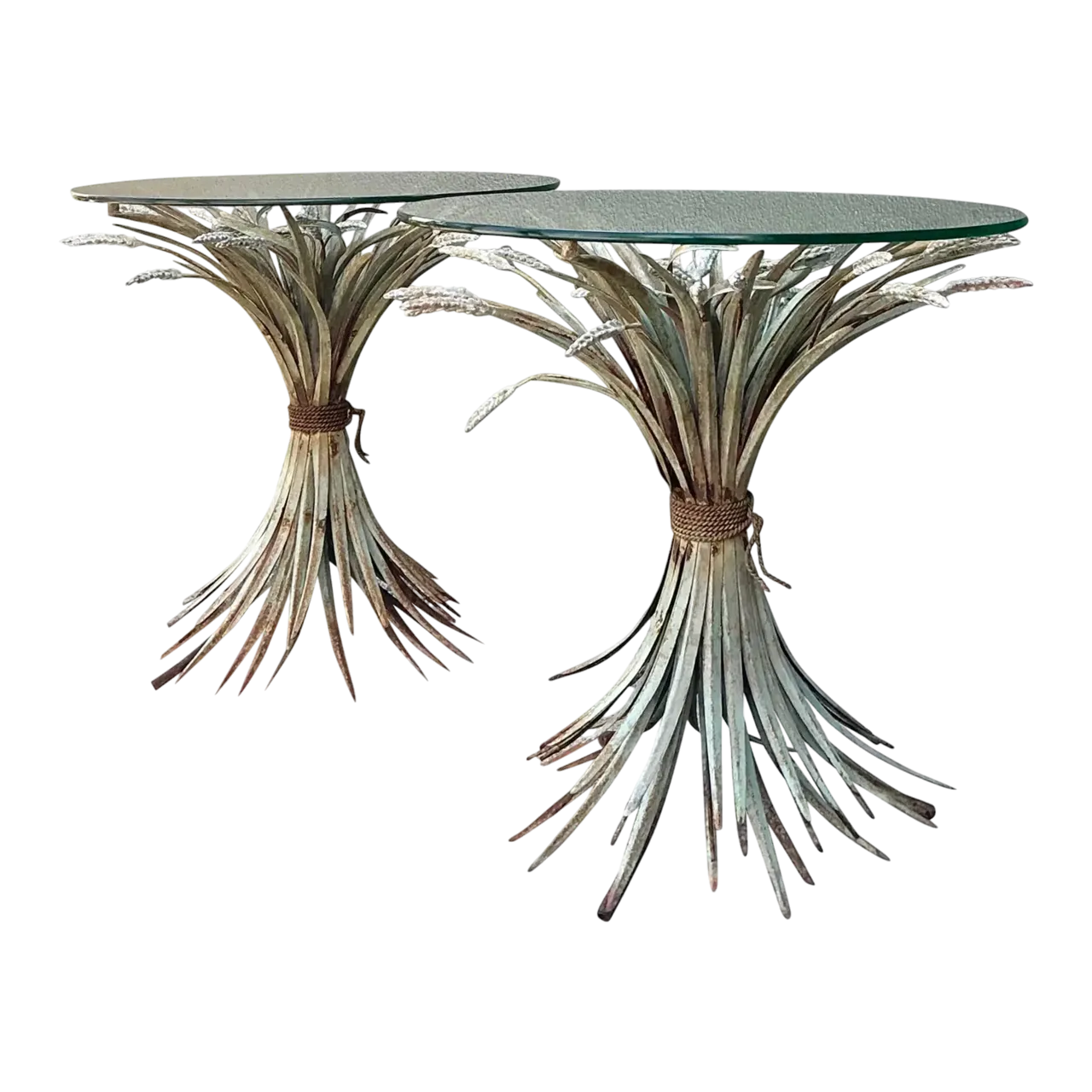 Vintage Patinated Sheath of Wheat Side Tables - A Pair