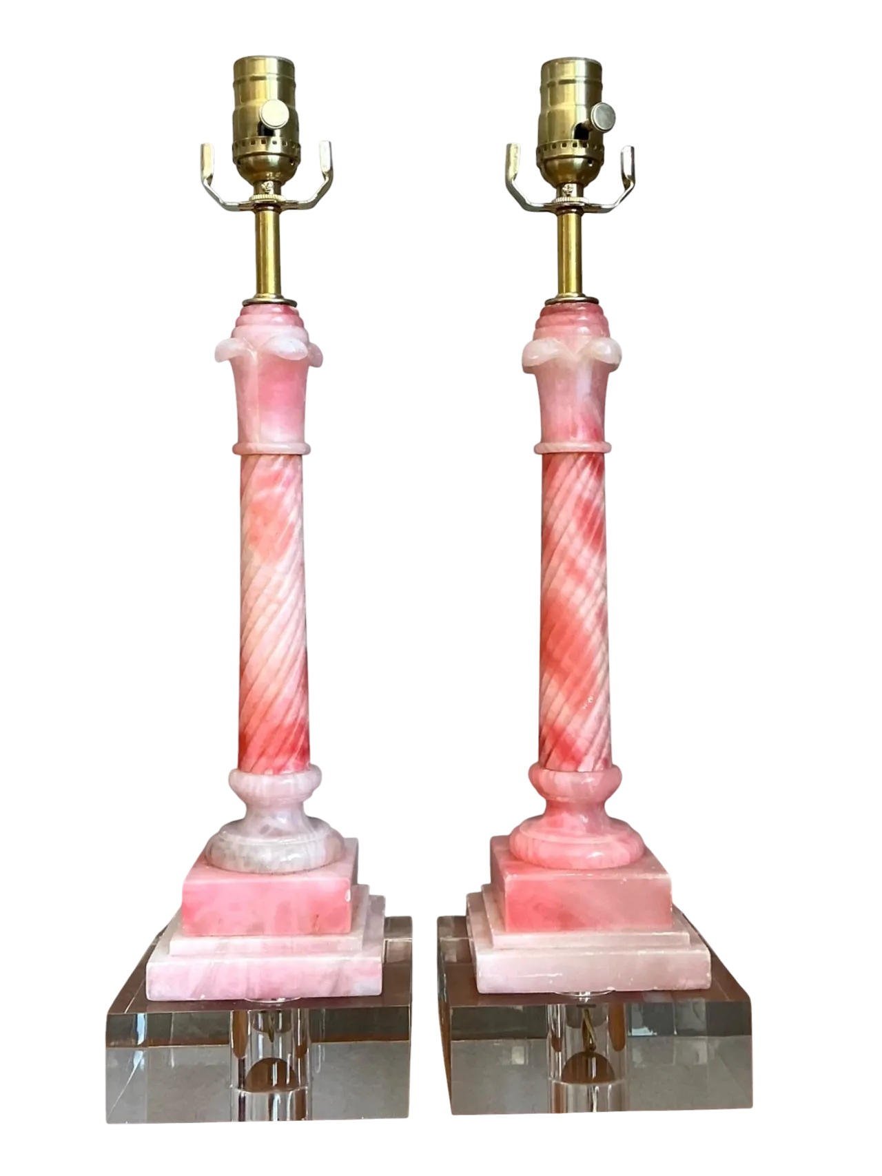 Vintage Pink Marble Column Lamps - A Pair
