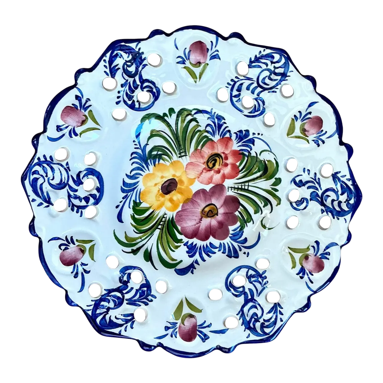 Vintage Portuguese Pierced Ceramic Floral Plate