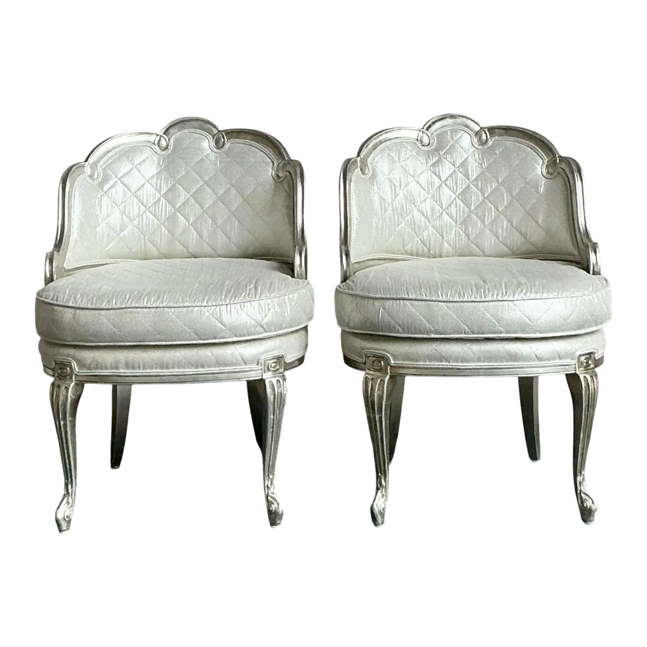 Vintage Regency Baroque Quilted Silver Leaf Lounge Chairs - A Pair