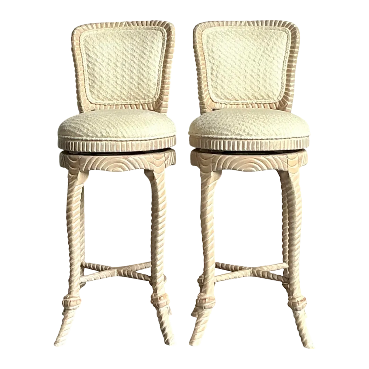 Vintage Regency Carved Rope Bar Stools - A Pair
