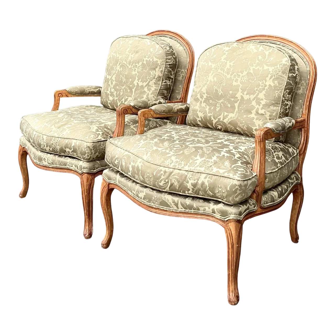 Vintage Regency Jacquard Fauteuil Chairs - A Pair