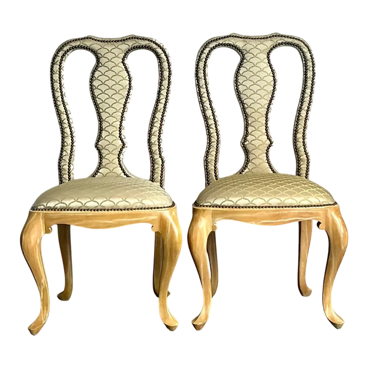 Vintage Regency Nailhead Queen Anne Dining Chairs - A Pair