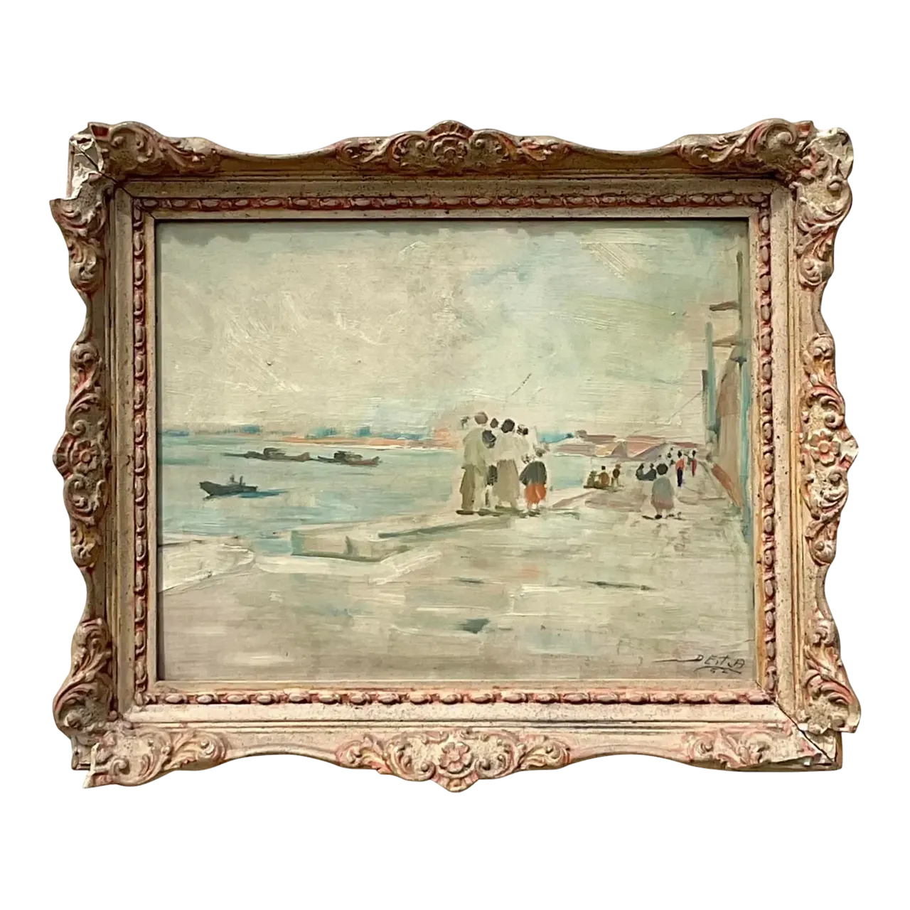 Vintage Regency Original Figurative Seascape Oil Painting on Board
