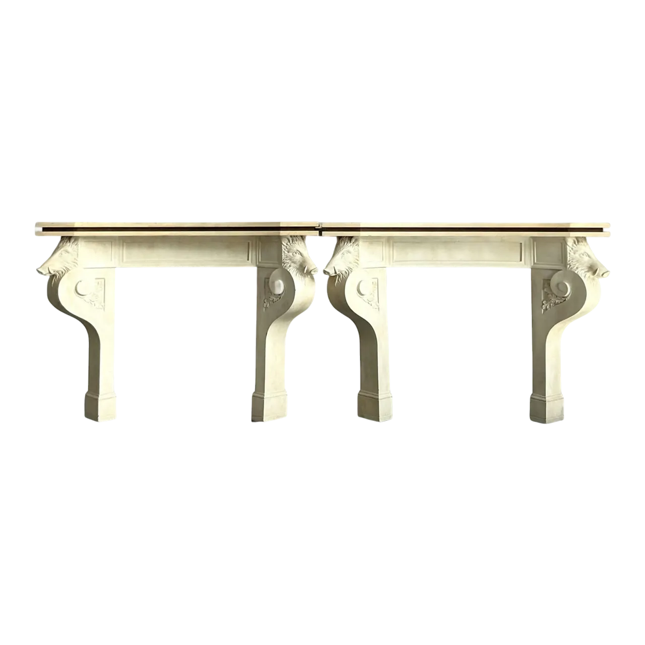 Vintage Regency Plaster Over Wood Boar Console Table - A Pair