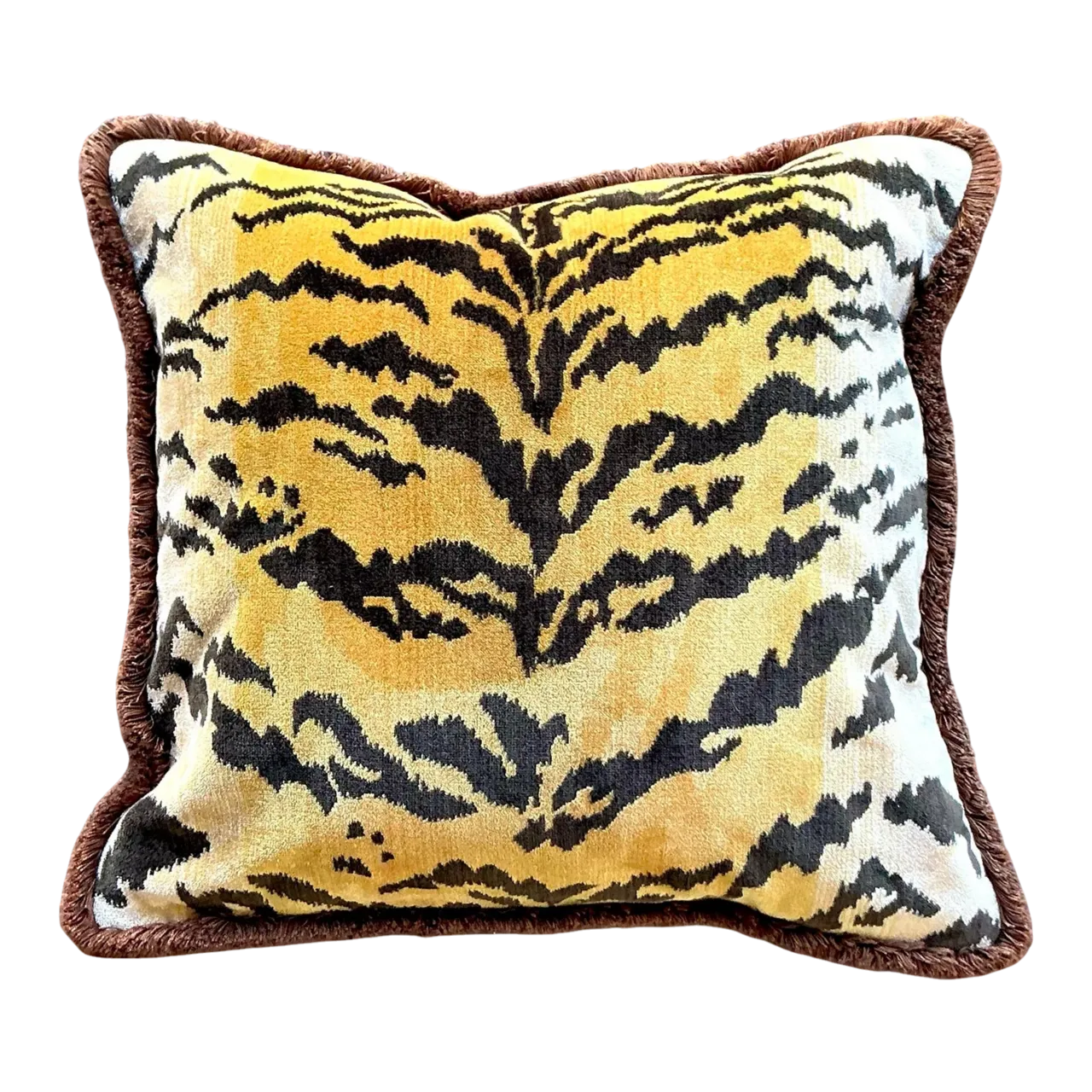 Vintage Regency Scalamandre “Le Tigre” Velvet Throw Pillow With Caterpillar Fringe