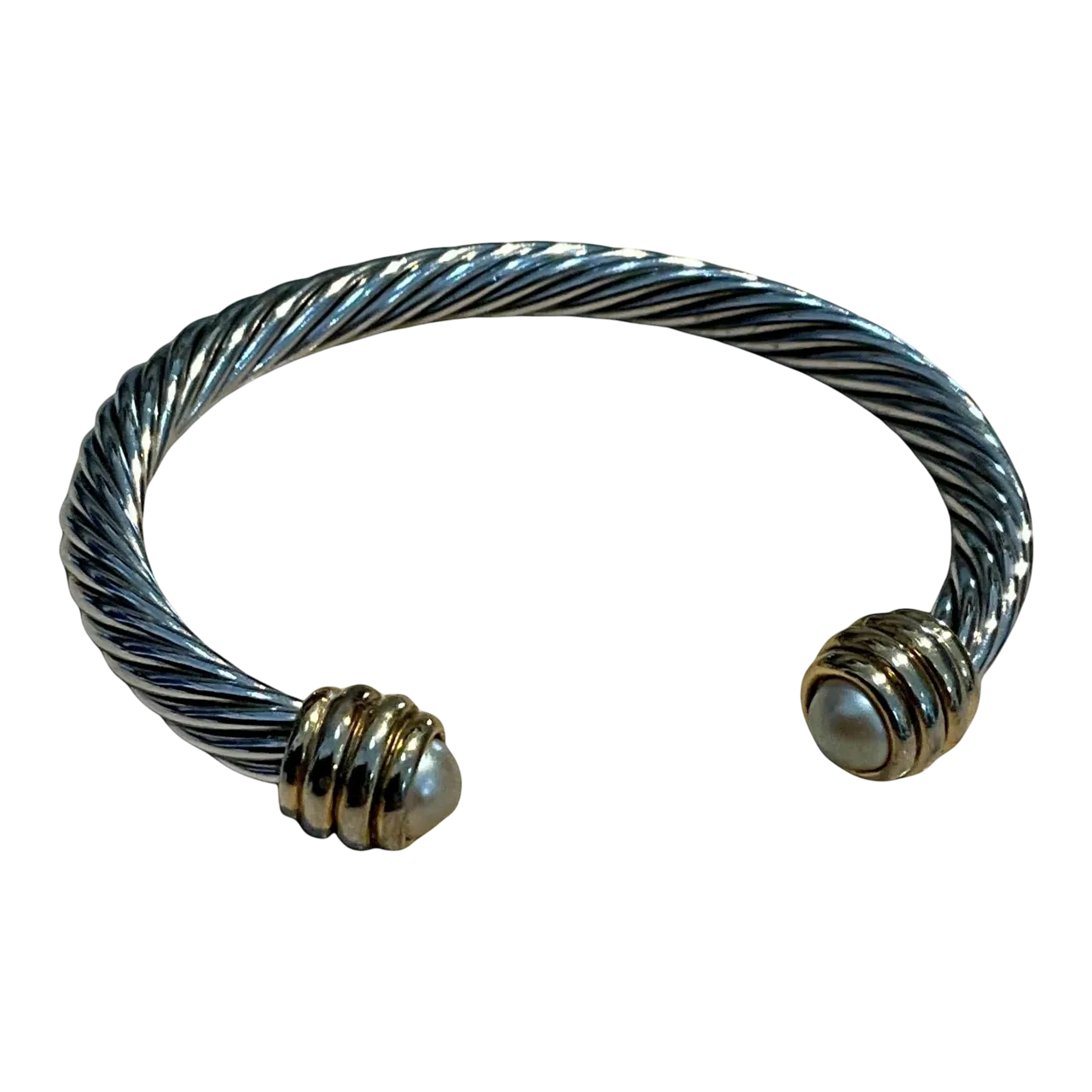 Vintage Silver Classic Cable Bracelet with Pearl Accents