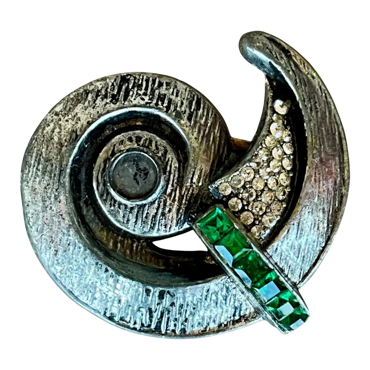 Vintage Silver Spiral Brooch with Green Detail