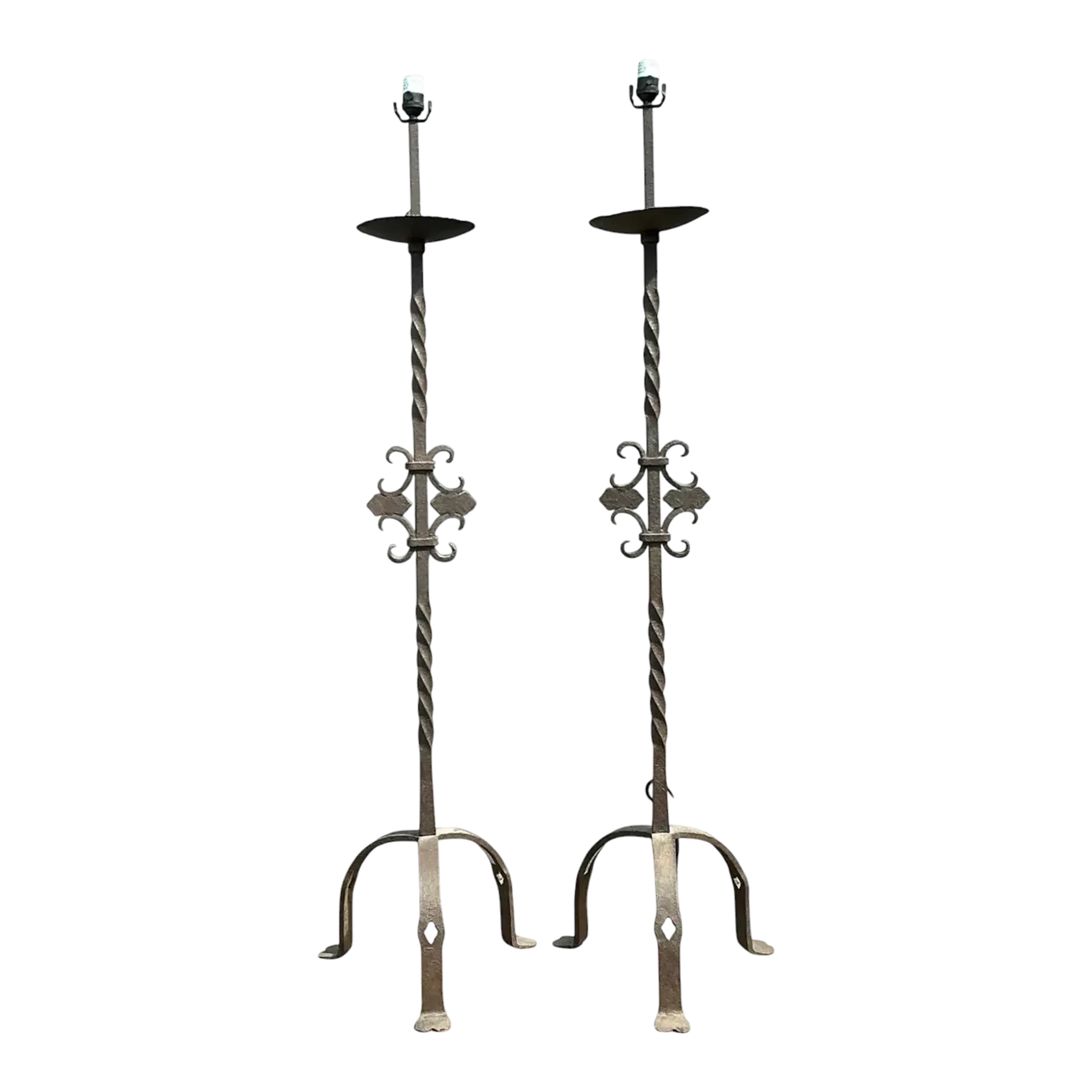 Vintage Twisted Wrought Iron Floor Lamps - A Pair
