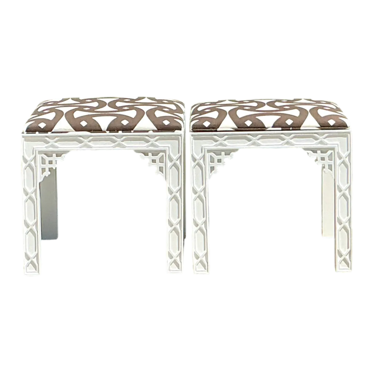 Vintage White and Brown Fretwork Upholstered Stools - A Pair