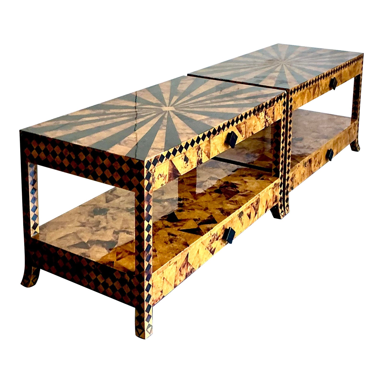 Vintage Tessellated Coconut Shell and Penshell Starburst Side Tables - a Pair