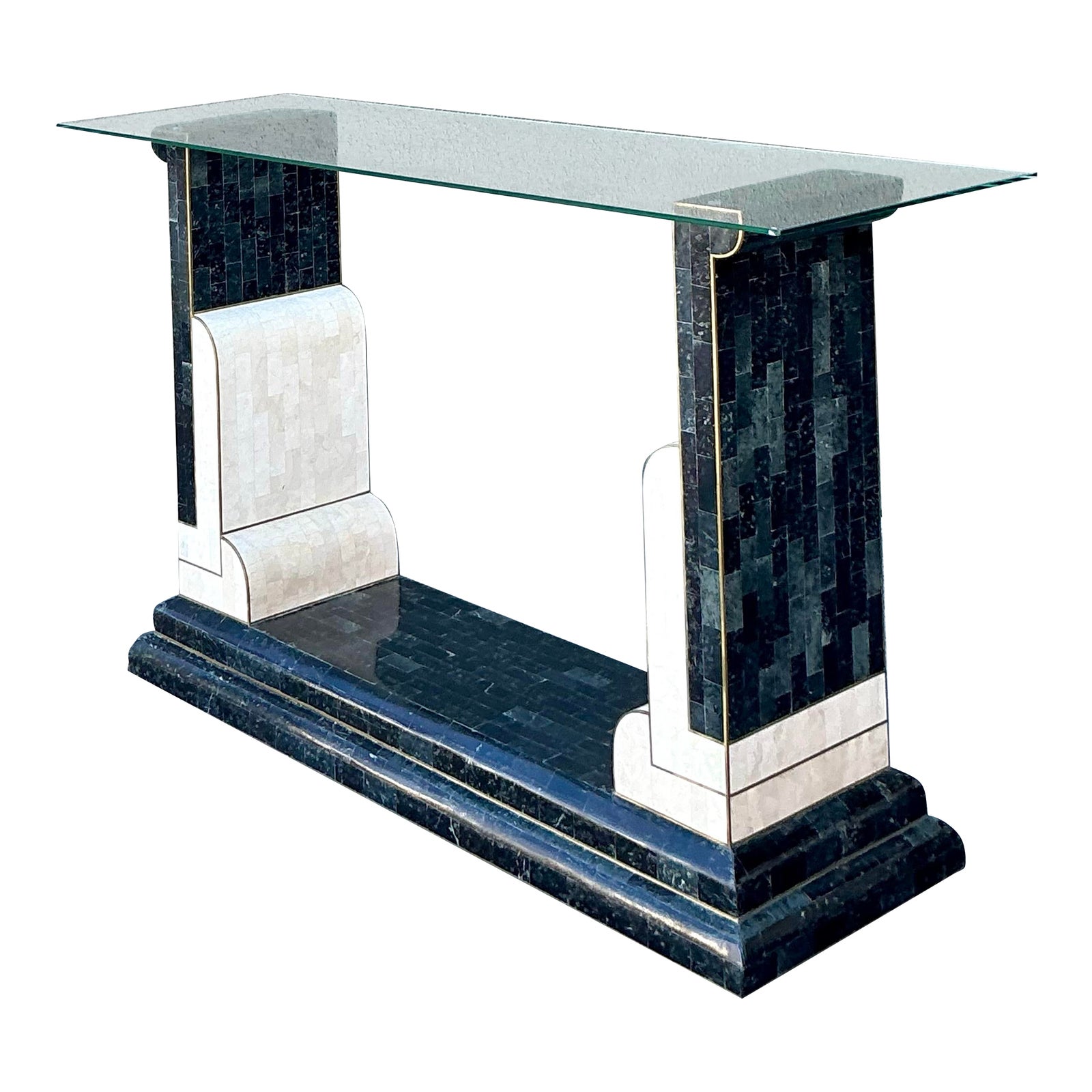 Vintage Boho Tessellated Stone and Brass Inlay Console Table