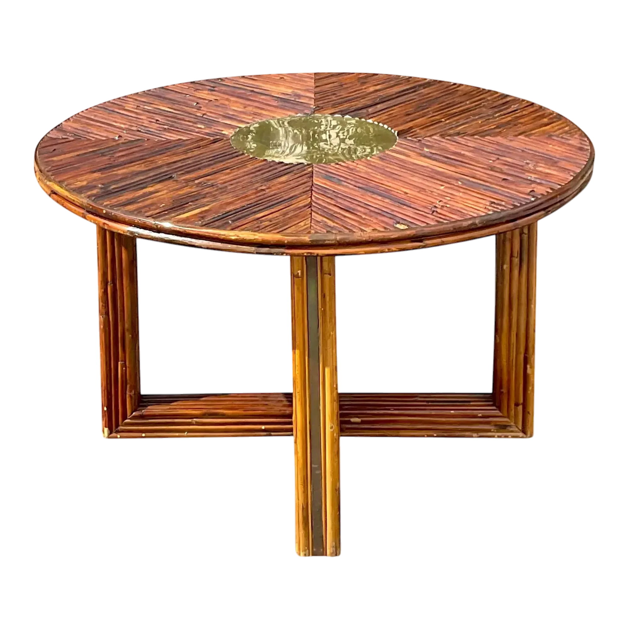 1970s Vintage Coastal Rattan and Brass Dining Table After Vivai Del Sud