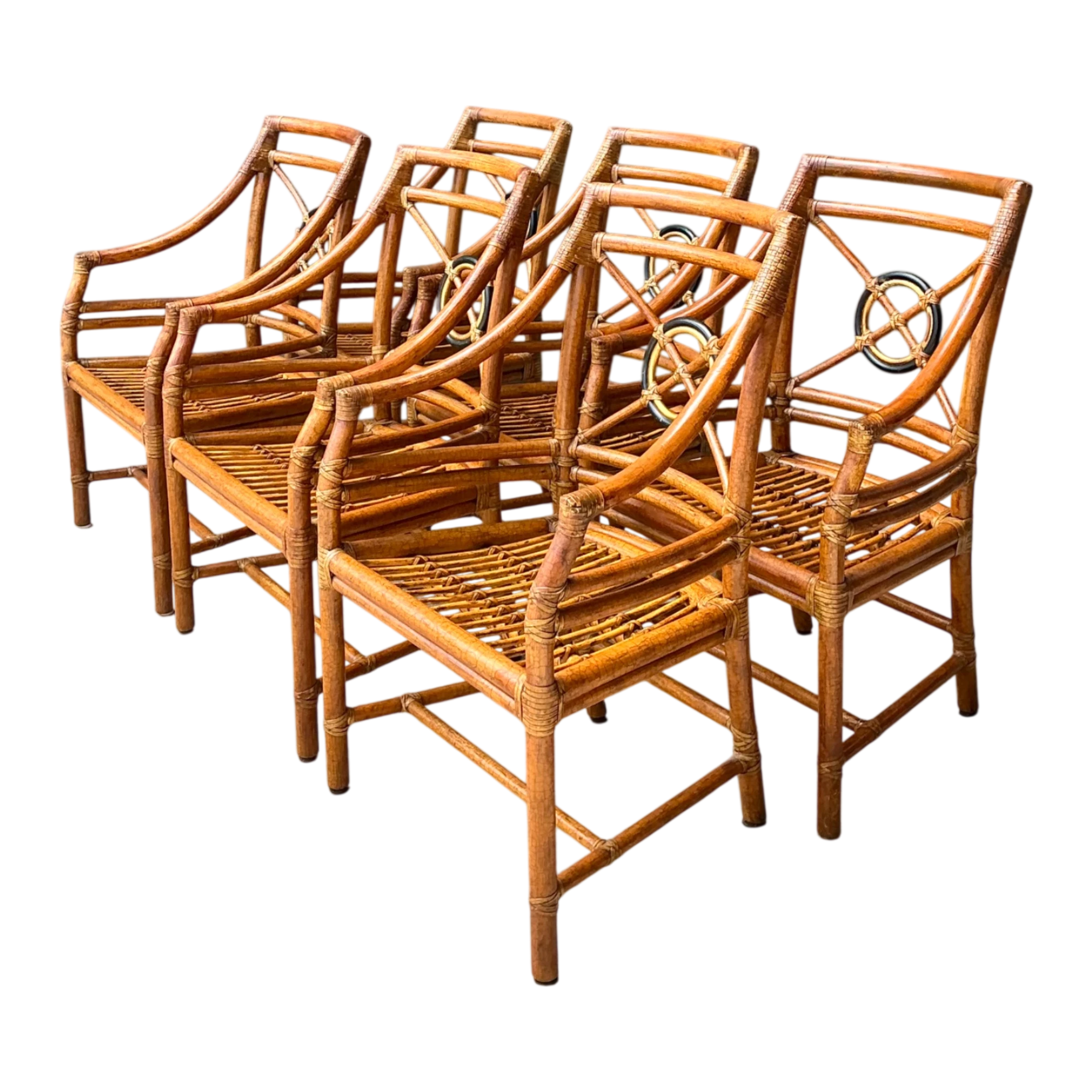 Vintage McGuire Target Back Rattan Dining Chairs - Set Of 6