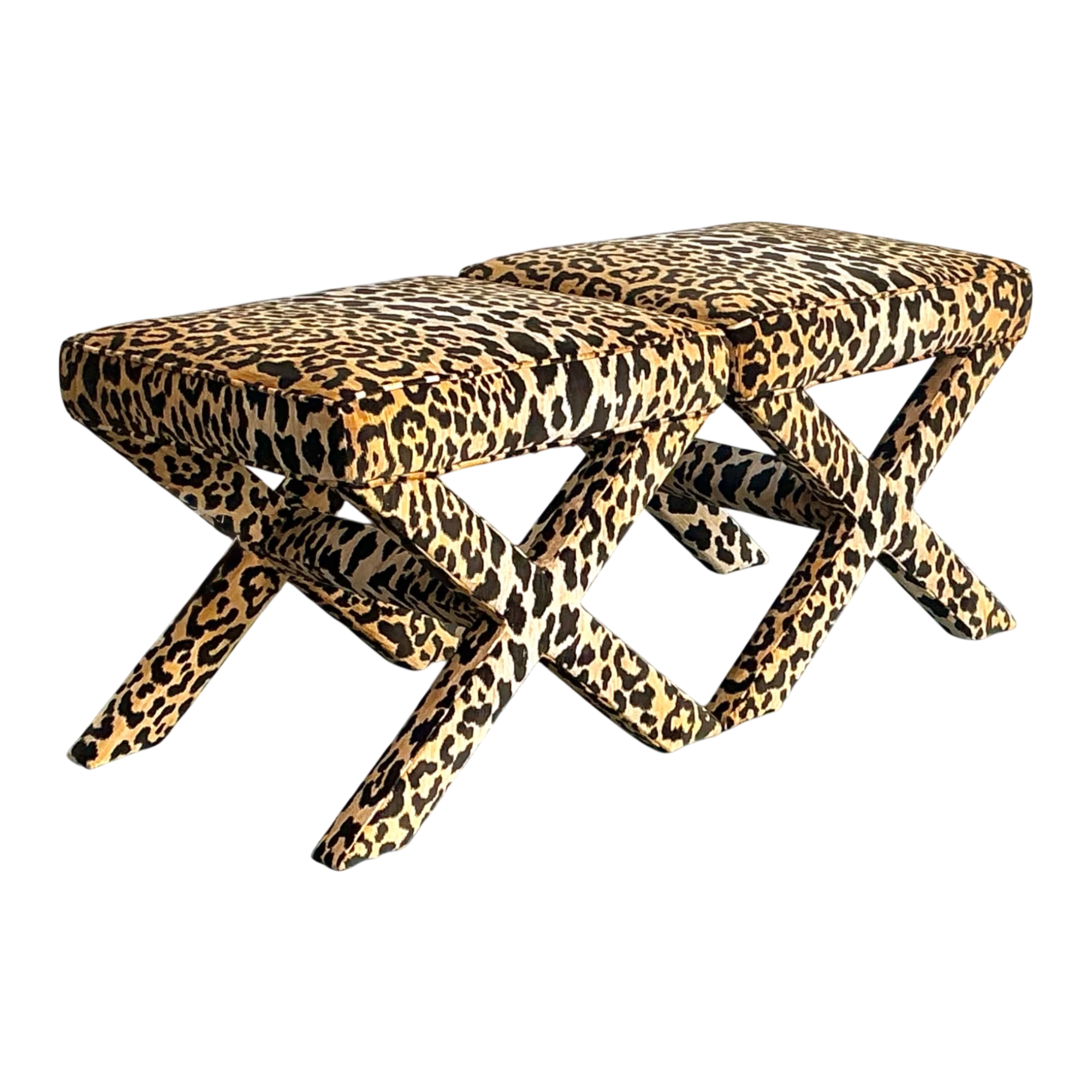 Vintage Leopard Velvet X-Base Stools - A Pair — additional photo 1